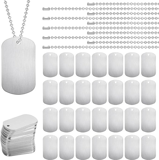 100Pcs Military Dog Tags Set, 50Pcs Aluminum Blank Dog Tags and 50Pcs Iron Necklace Chain, Dog Tags Engraved for Pets, Perfect for DIY Decorative Craft Pet Dog ID Tags, Silver