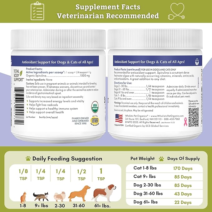 Wholistic Pet Organics Spirulina Powder Organic for Dogs Super Greens Powder Seasonal Allergy Support Supplement Dog Multivitamin USDA Certified Immune Support Vitamins Antioxidants and Minerals