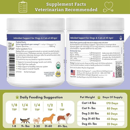 Wholistic Pet Organics Spirulina Powder Organic for Dogs Super Greens Powder Seasonal Allergy Support Supplement Dog Multivitamin USDA Certified Immune Support Vitamins Antioxidants and Minerals