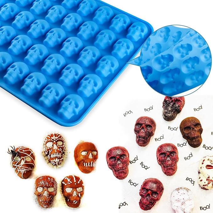 4Pcs Gummy Candy Molds, Gummy Bear Molds, Gummy Dinosaur Molds, Gummy Donut Molds and Gummy Hearts Molds, Non-stick Silicone Candy Molds with 2 Droppers (Skull)