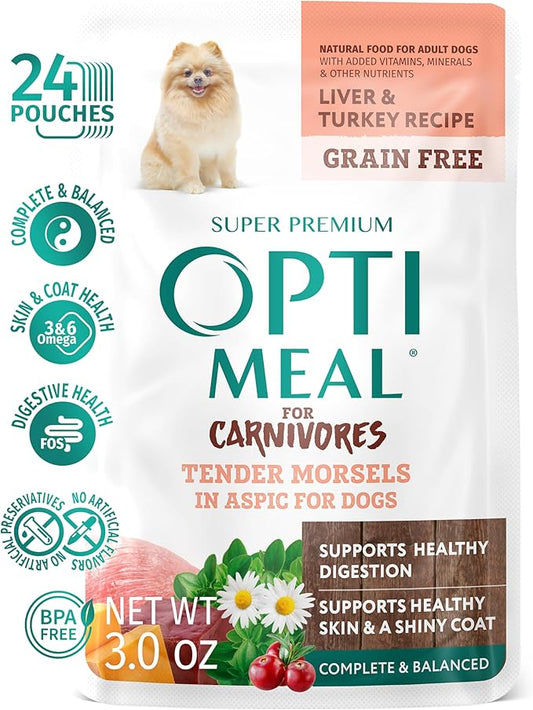 OPtimeal Grain-Free Dog Food - Proudly Ukrainian - Dog Food Wet Recipe to Help Support Healthy Digestion, Non-Grain Wet Dog Food Pouches for Adult Dogs (4.5lbs Total (24 Pouches), Liver & Turkey)