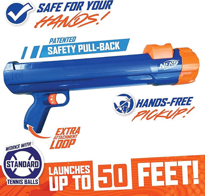 Nerf Dog Large Size Tennis Ball Blaster Dog Toy, Great for Fetch, Hands-Free Reload, Launches up to 50 ft, Single Unit, 20in Blaster with 3 Balls in Mesh Bag, Blue/Orange, Blue, Green and Orange