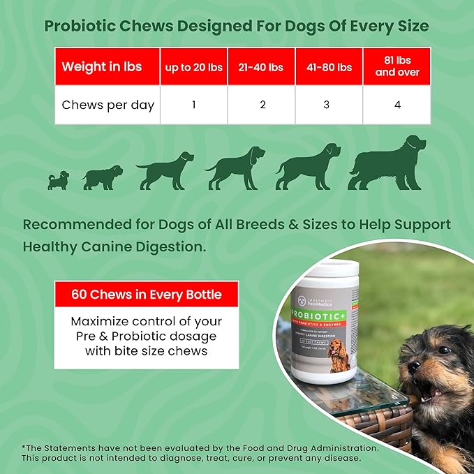 PawMedica Dog Probiotics and Digestive Enzymes, Probiotics for Dogs Made in USA, Pet Probiotic Chews for Dogs, Prebiotics & Probiotic Dog Digestive Support, Probiotic Treats - 60 Dog Probiotic Chews