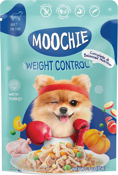 MOOCHIE Grain Free Wet Dog Food for Small Breed - Weight Control - Turkey with Sweet Potato, Pumpkin and Green Pea - No Added Preservatives or Artificial Flavoring - 3 oz x 12 Pouches