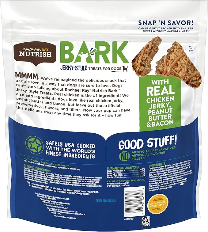 Nutrish Rachael Ray Bark Jerky-Style Dog Treats with Real Chicken Jerky, Peanut Butter & Bacon, 28 Ounce (Pack of 1)