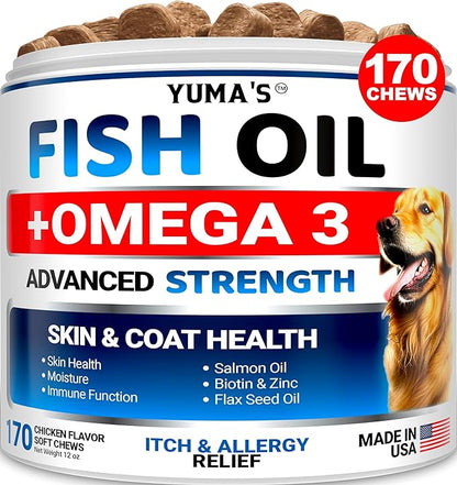 Omega 3 Fish Oil for Dogs - 170 Chews - Skin and Coat Supplement - Omega 3 for Dogs - Dry & Itchy Skin Relief Treatment - Allergy Support - Dog Anti Shedding Treats - Shiny Coats - EPA & DHA - Salmon
