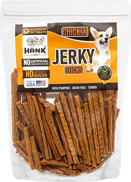 Hank & Harley Chicken Jerky Sticks, 1 lb - USA Lean Protein Soft Dog Treats with Pumpkin. 100% Natural and NO Added Sugar, Flour or fillers. Ideal for finicky Pets