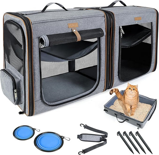 Lekereise 2-in-1 Cat, Dog Carrier for Small Medium Large Pets up to 35 Lbs, (17.7"*2)*16.5"*13" Car Travel Carrier with Litter Box, Bowl, and Locking Zipper - Dark Gray