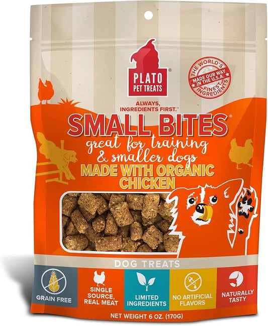PLATO Small Bites Dog Treats, Natural Bite Sized Real Meat & Chicken Flavor, Grain Free & High in Protein, Air Dried Authentic Ingredients, 2 Calories Per Treat, Made in the USA, 6 Ounces