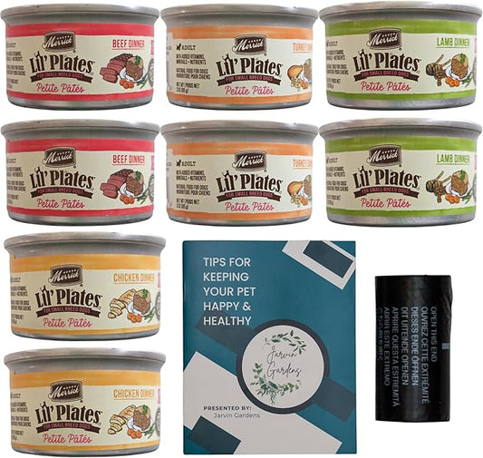 Merrick Lil’ Plates Small Breed Dog Food Petite Pates - 4 Flavor 8 Can Sampler (2) Each: Beef, Chicken, Turkey & Lamb 3 oz Each. Plus Healthy Pets Tip Booklet & Roll of Dog Waste Bags
