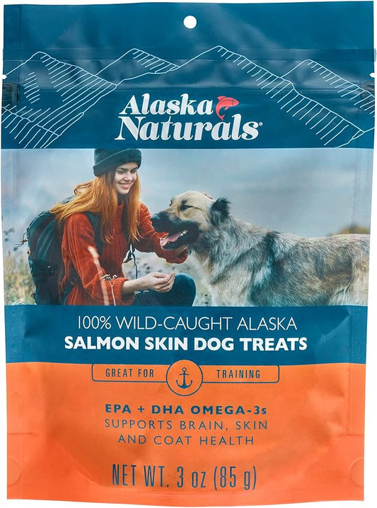 Alaska Naturals® 100% Wild-Caught Alaska Salmon Skin Dog Treats, Delivers 0.8% EPA & 1.0% DHA Omega-3 Fatty acids to Support Healthy Skin & Shiny Coat, Gluten Free, Grain Free Dogs Treat, 3 oz