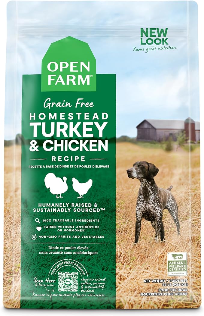 Open Farm Homestead Turkey and Chicken Grain-Free Dry Dog Food, 100% Certified Humane Poultry Recipe with Non-GMO Superfoods and No Artificial Flavors or Preservatives, 22 lbs