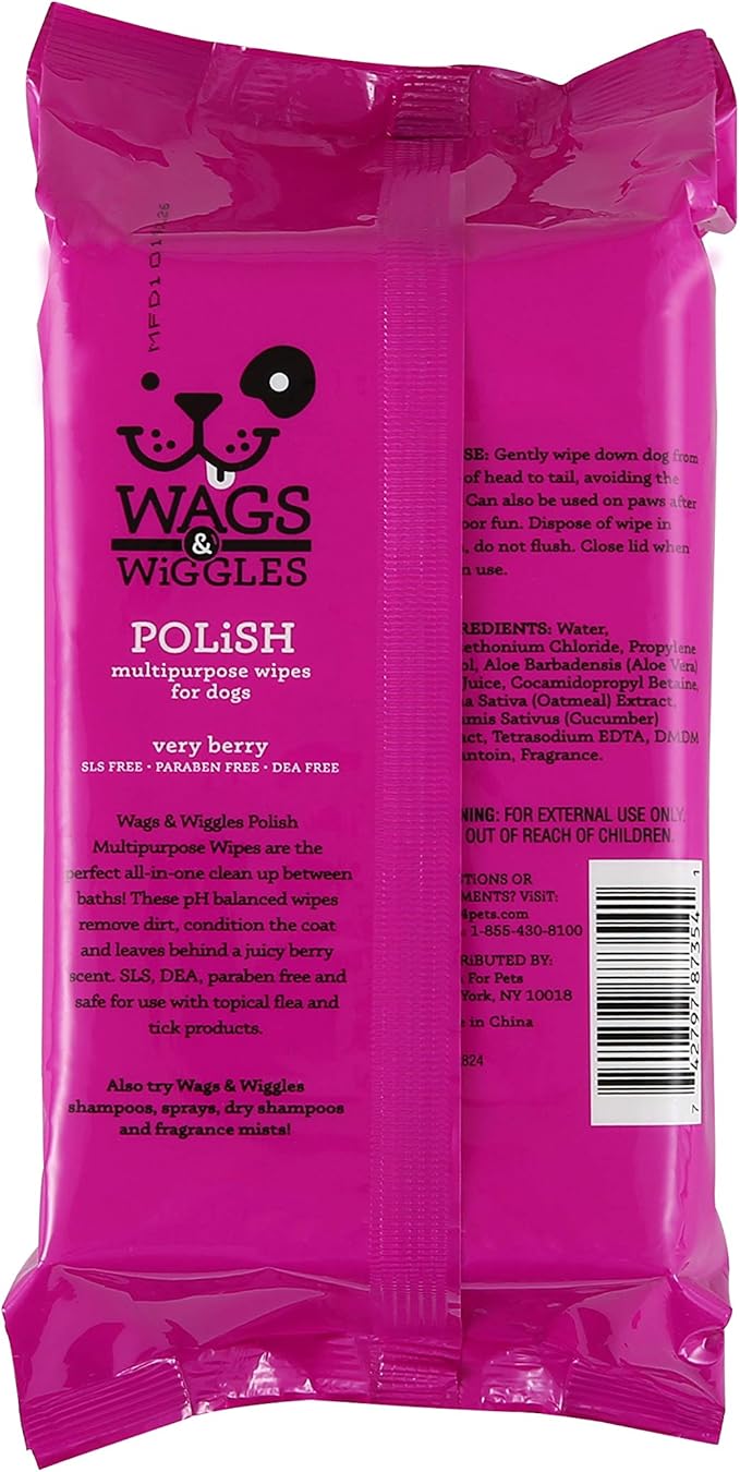 Wags & Wiggles Polish Multipurpose Wipes for Dogs | Clean & Condition Your Dog's Coat without A Bath | Fresh Very Berry Scent Your Dog Will Love, 100 Count - 12 Pack,FF12824PCS12