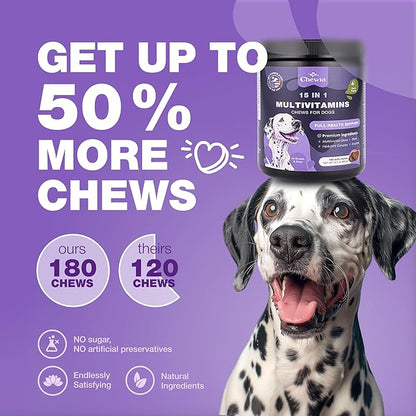 Dog Multivitamin Chews 15 in 1 - Dog Vitamins - US Formulated Joint Supplements for Dogs - Dog Multi Vitamins with Glucosamine & Chondroitin - Dog Treats for Hip & Joint, Itchy Skin & Coat