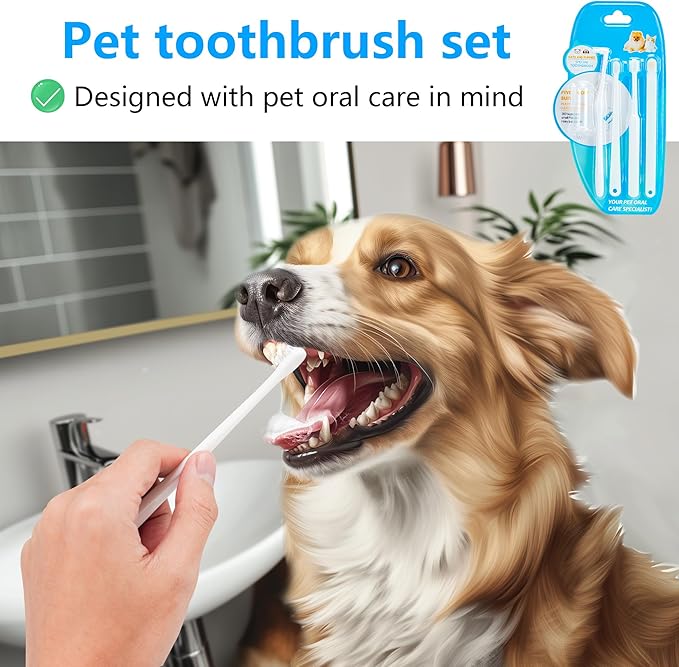 5-in-1 Cat Toothbrush Kit, Dog Toothbrush Kit,5 in 1 Multi-function（Soft brush, hard brush, 360° brush, pointed brush, finger brush）Pet Toothbrush，Dental care and cleaning for dogs and cats