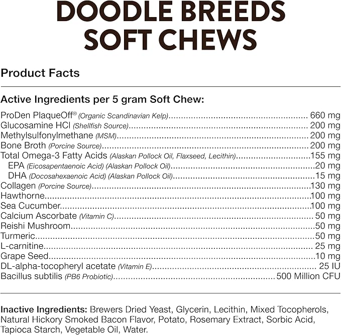 NaturVet Doodle Breeds Supplement- for Joint Support, Digestion, Skin, Coat Care- Dog Multivitamins with Minerals, Omega-3, PlaqueOff- Wheat-Free Vitamins for Dogs- Doodle Breeds- 50 Soft Chews