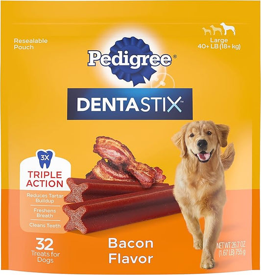 PEDIGREE DENTASTIX Large Dog Dental Treats Bacon Flavor Dental Bones, 1.67 lb. Pack (32 Treats)