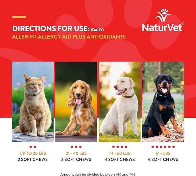 NaturVet – Aller-911 Skin & Coat Allergy Aid Plus Antioxidants – 90 Soft Chews – Supports Immune System, Skin Moisture & Respiratory Health – Enhanced with Omegas, DHA & EPA – for Dogs & Cats