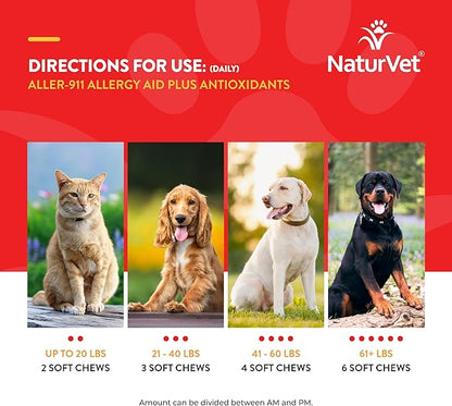 NaturVet – Aller-911 Skin & Coat Allergy Aid Plus Antioxidants – 90 Soft Chews – Supports Immune System, Skin Moisture & Respiratory Health – Enhanced with Omegas, DHA & EPA – for Dogs & Cats