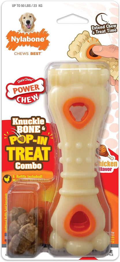 Nylabone Power Chew Knuckle Bone & Pop-In Dog Treat Toy Combo with Chicken Flavor Treat Refills, Chew Toy for Aggressive Chewers, Durable Treat Pouch, Large/Giant - Up to 50 lbs. (1 Count)
