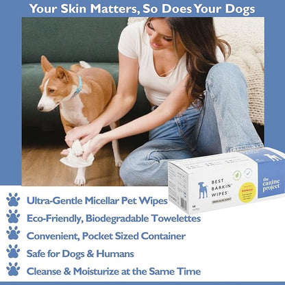 Best BARKIN' Wipes with Free Mesh Bag, Dog Wipes for Paws Ears and Butt, Micellar Aloe Scented Travel Friendly Puppy Wipes (50-Pack)