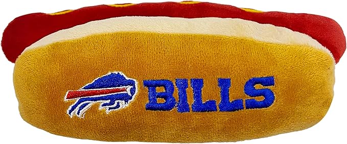 Pets First NFL Buffalo Bills HOT Dog Plush Dog & CAT Squeak Toy - Cutest HOT-Dog Snack Plush Toy for Dogs & Cats with Inner Squeaker & Beautiful Football Team Name/Logo, 8 x 5 x 3 Inches