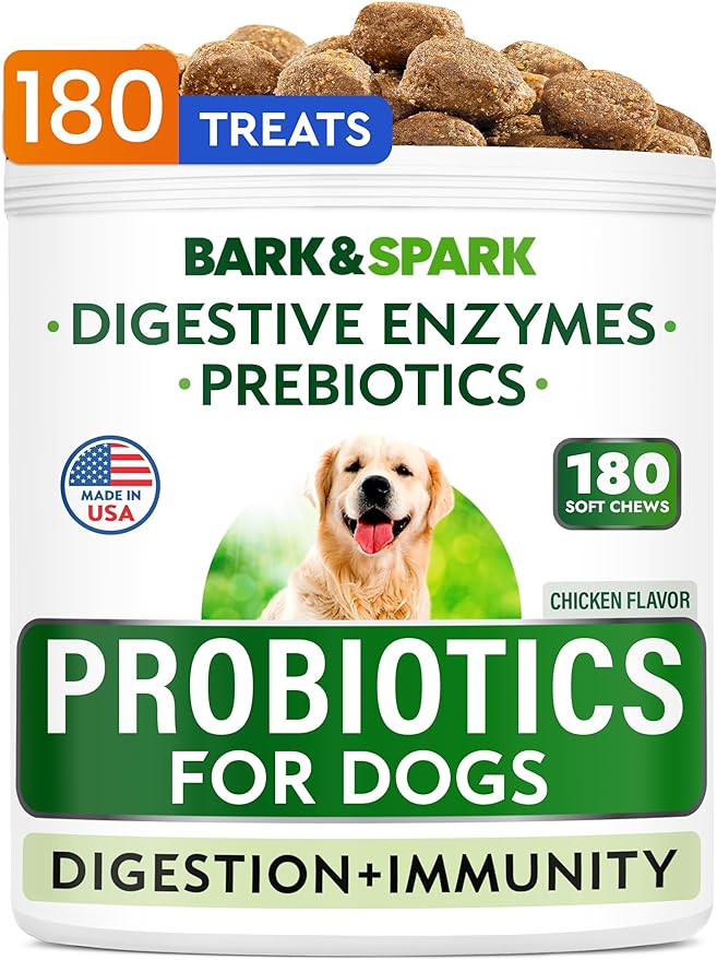 Bark&Spark Dog Probiotics & Digestive Enzymes (Gut Health) Allergy & Itchy Skin - Pet Diarrhea Gas Treatment Upset Stomach Relief, Digestion Health Prebiotic Supplement Tummy Treat (180Ct Chicken)