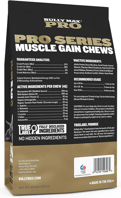 Bully Max 11-in-1 Muscle Gain Power Chews - High Protein Dog Food Health Supplement for Puppy and Adult Dogs | Premium Muscle Builder for All Breeds with Natural Ingredients - 75 Tasty Soft Dog Chews