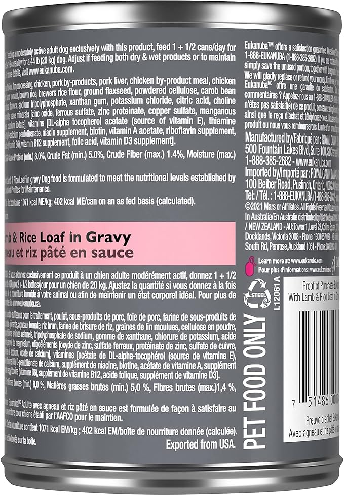 Eukanuba Adult With Lamb & Rice Canned Wet Dog Food, 13.2 oz Can (12-Count)