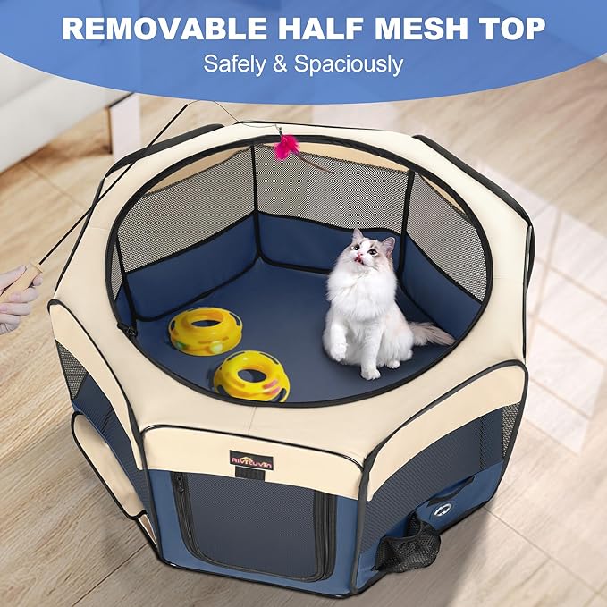 Dog Playpen, Cat Playpen - Foldable Pet Playpen with Carrying Case, Portable Pet Tent for Indoor/Outdoor Use | Water Resistant | Removable Shade Cover - (Blue, Medium)