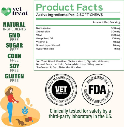 Hemp Hip and Joint Supplement for Dogs - Glucosamine for Dogs -Made in USA- 120 Treats Pain Relief Anti Inflammatory - Chondroitin, MSM, Hemp Oil - Dog Joint Supplement w/Arthritis Relief + Mobility