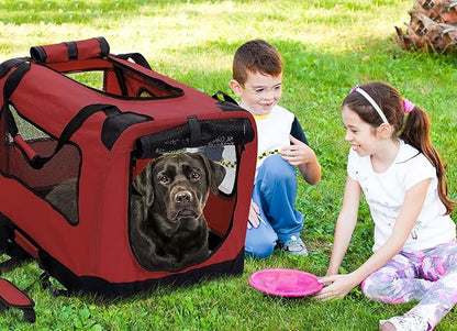2PET Foldable Dog Crate - Soft, Easy to Fold & Carry Dog Crate for Indoor & Outdoor Use - Comfy Dog Home & Dog Travel Crate - Strong Steel Frame, Washable Fabric Cover, Frontal Zipper Large Red