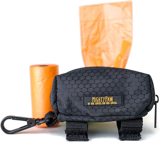 Mighty Paw Dog Poop Bag Holder - Zippered Pouch with Carabiner Hook - Includes Roll of Pick-up Bags - Pet Poop Bag Holder - Dog Dispenser Poop Bag - Dog Bag Holder - Dog Walking Supplies - (Black)