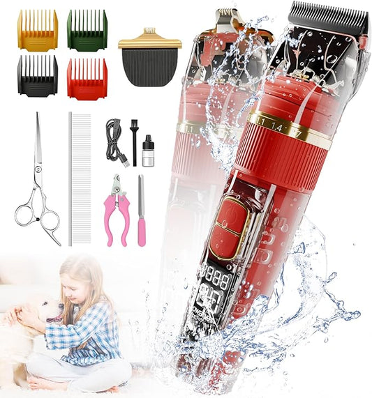 Dog Clippers for Grooming Professional, Low Noise and 3-Speed Digital Display Dog Trimmer for Grooming, Waterproof and Cordless Dog Hair Clippers