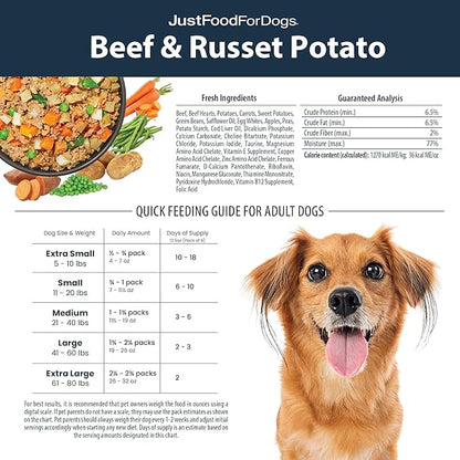 JustFoodForDogs Pantry Fresh Wet Dog Food, Complete Meal or Dog Food Topper, Beef & Russet Potato Human Grade Dog Food Recipe - 12.5 oz (Pack of 6)