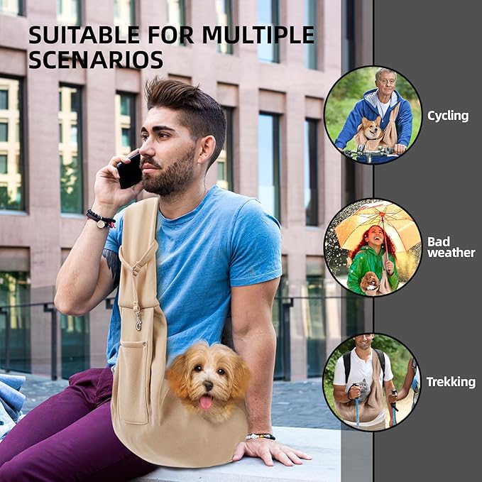 Dog Carrier Sling - Reversible Puppy Carrier Purse with Storage Pocket, Hand-Free Dog Sling Carrier for Carry Small Dogs and Cats，Travel Safety Harness, Dog and cat Harness (Apricot)