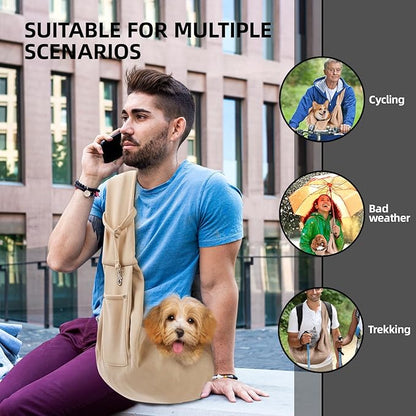 Dog Carrier Sling - Reversible Puppy Carrier Purse with Storage Pocket, Hand-Free Dog Sling Carrier for Carry Small Dogs and Cats，Travel Safety Harness, Dog and cat Harness (Apricot)