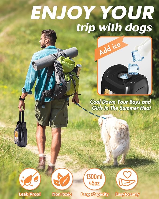 Travel Dog Water Bottle, 45oz Portable Dog Water Dispenser for Walking, Foldable Pet Water Bottle for Puppy, Small, Medium & Large Dogs, Leak Proof, Food Grade Plastic, Easy to Clean, Black