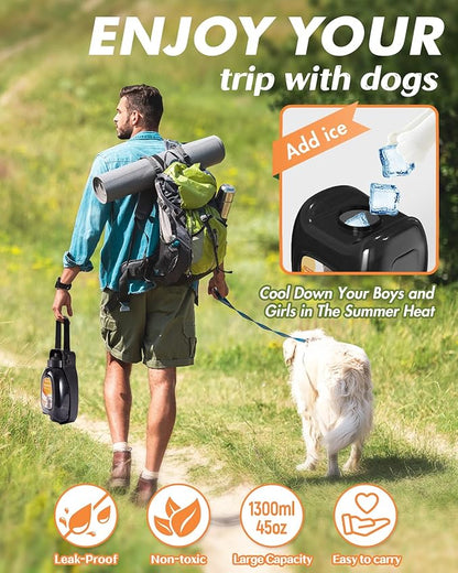 Travel Dog Water Bottle, 45oz Portable Dog Water Dispenser for Walking, Foldable Pet Water Bottle for Puppy, Small, Medium & Large Dogs, Leak Proof, Food Grade Plastic, Easy to Clean, Black