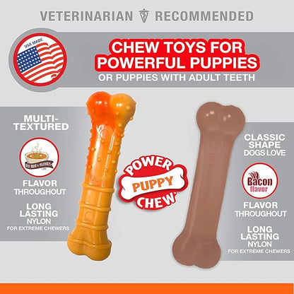 Nylabone Puppy Power Chew Toy - Tough and Durable Puppy Chew Toy for Teething - Puppy Supplies - Bacon & Beef Broth Flavor, Small (2 Count)
