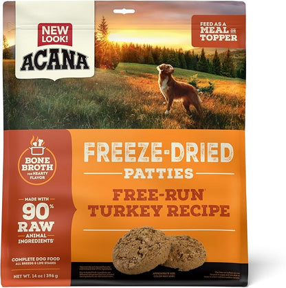 ACANA Freeze Dried Dog Food Patties Meal & Topper, Grain Free High Protein Free-Run Turkey Recipe, 14oz