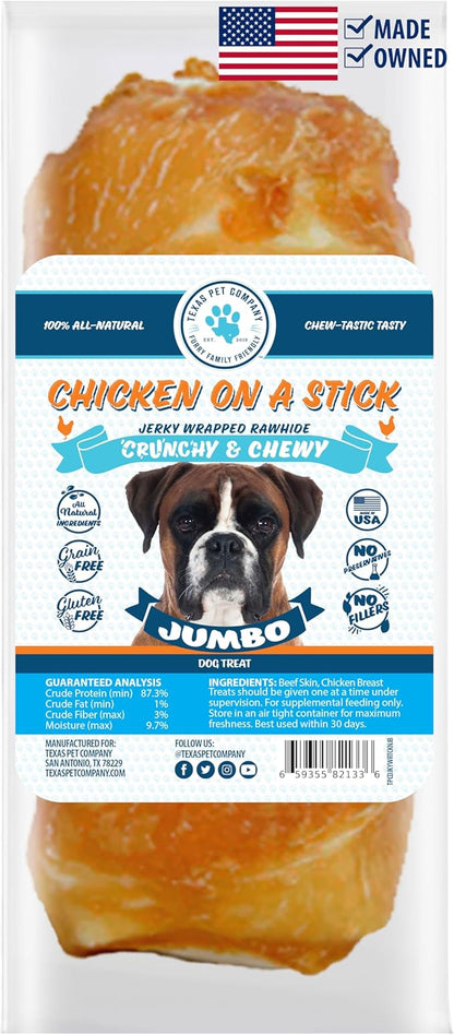 Chicken On A Stick Crunchy & Chewy Chicken Jerky Wrapped Rawhides for Dogs, Made in The USA 2 in 1 Dog Treats for Extra Large Dogs, Jumbo Size 1 Ct