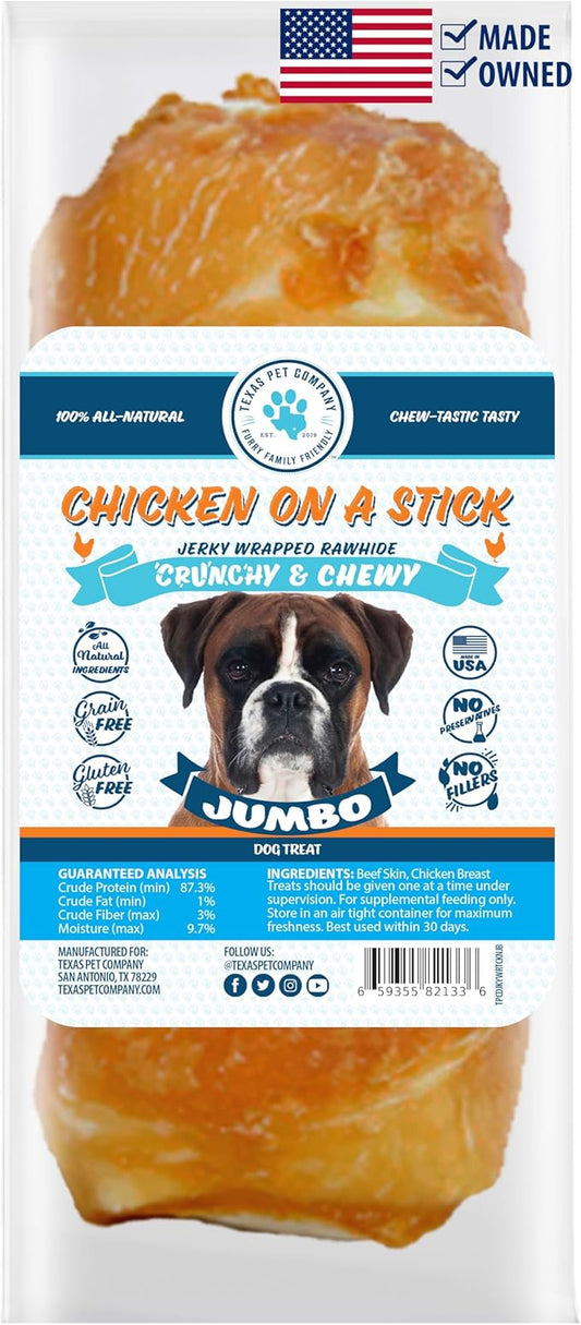 Chicken On A Stick Crunchy & Chewy Chicken Jerky Wrapped Rawhides for Dogs, Made in The USA 2 in 1 Dog Treats for Extra Large Dogs, Jumbo Size 1 Ct