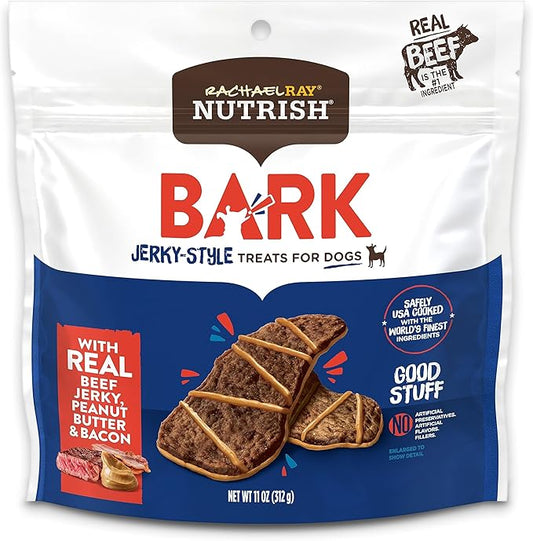 Nutrish Rachael Ray Bark Jerky-Style Dog Treats with Real Beef Jerky, Peanut Butter & Bacon, 11 Ounce (Pack of 4)