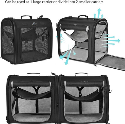 Portable 2-in-1 Pet Carrier for Medium Dogs Large Cat Carrier for 2 Cats Travel Double Dog Crate Set with Portable Carry Bag/Hammocks/Mats/Tent Stakes/2 Pcs Pet Bowls for Outdoor Camping