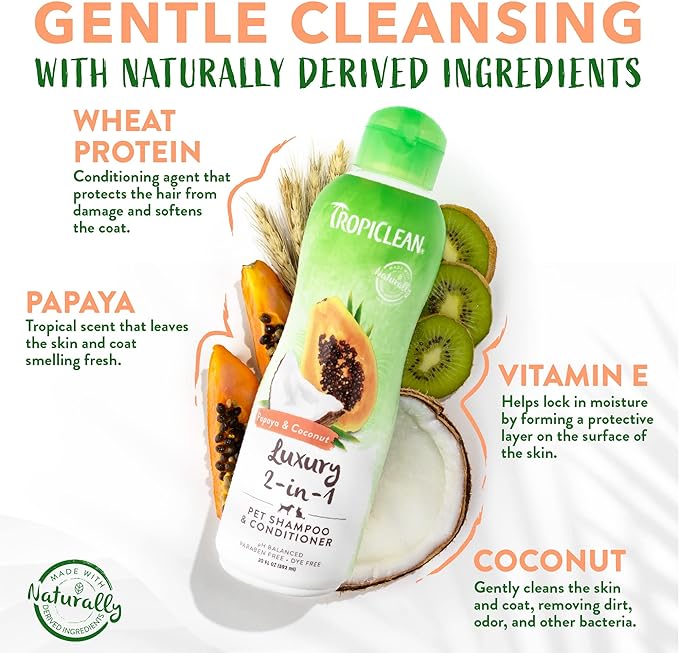 TropiClean 2-in-1 Papaya & Coconut Dog Shampoo and Conditioner | Natural Pet Shampoo Derived from Natural Ingredients | Cat Friendly | Made in the USA | 20 oz.