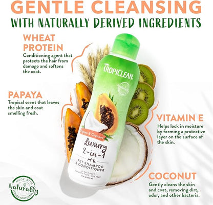 TropiClean 2-in-1 Papaya & Coconut Dog Shampoo and Conditioner | Natural Pet Shampoo Derived from Natural Ingredients | Cat Friendly | Made in the USA | 20 oz.