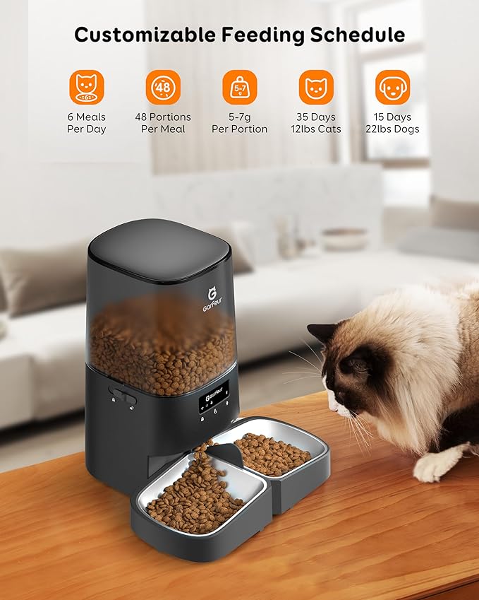 Wifi 5L Automatic Cat Food Dispenser for 2 Cats, Automatic Cat Feeder, 48 Portions 6 Meals Per Day, Memory Function, 10s Meal Call, Timed Feeder for Cats Dogs, by Garfeur