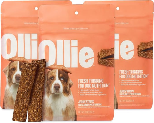 Ollie Beef & Sweet Potato Jerky Treats, 15 oz - All Natural Dog Treats Ingredients, Meat-First Recipe, No Preservatives or Fillers