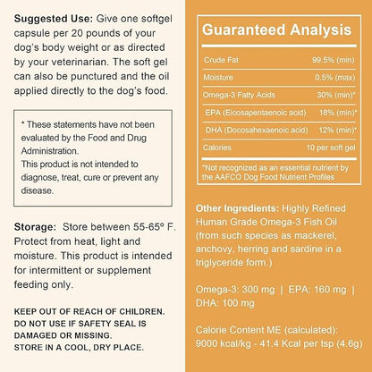 Omega 3 Fish Oil for Dogs - 180 Softgel Capsules for Healthy Skin and Coat - 1000 mg Dog Fish Oil Pills for Shedding, Dry Itching Skin, and Hot Spots